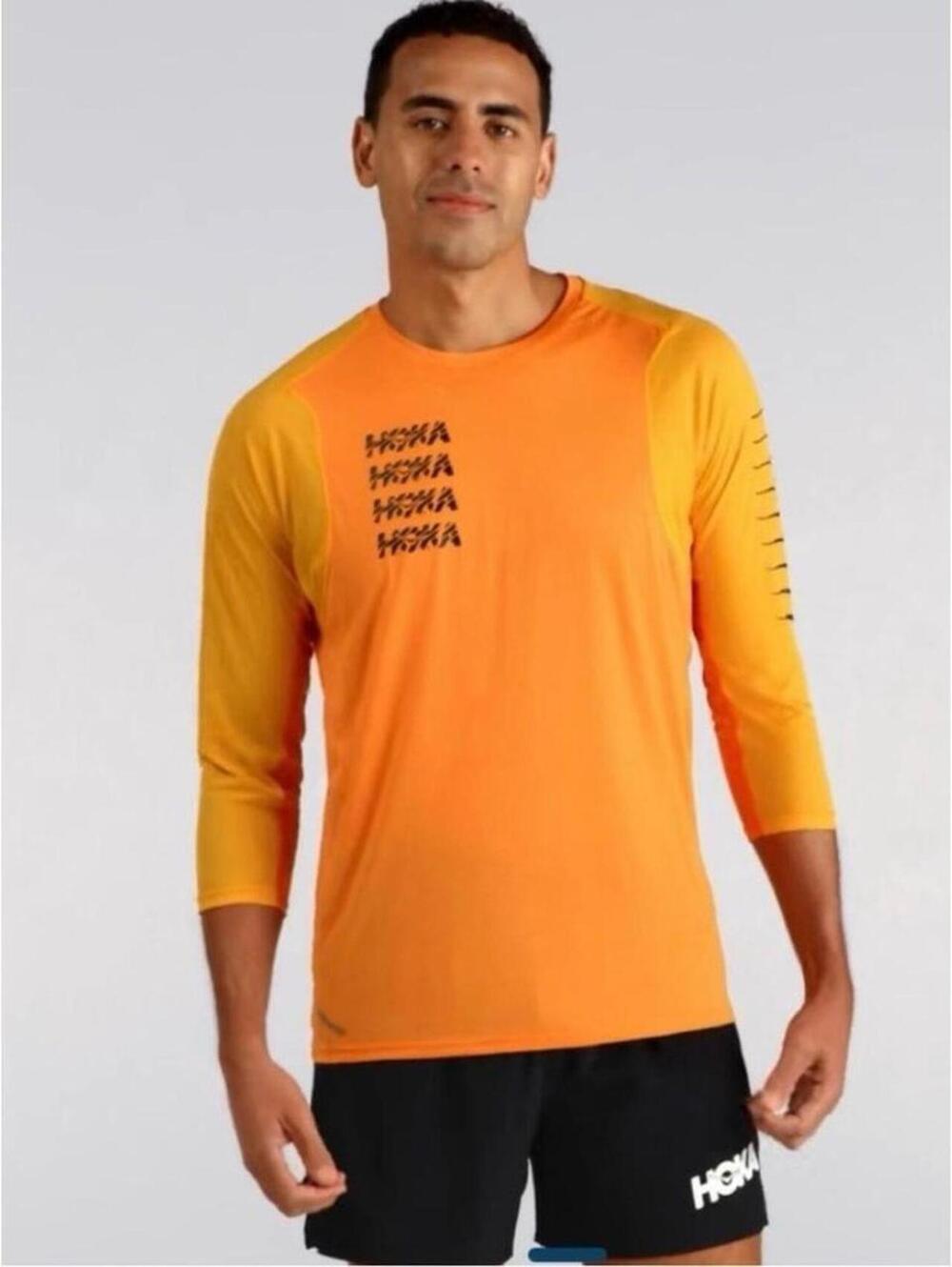 HOKA ONE ONE Performance 3/4 Sleeve Running Shirt Orange Yellow Men’s XL/XXL